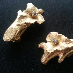 Vintage  Leaf on Branch Earrings, goldtone, rhinestone